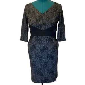 Black & Grey Lace Pattern Stretchy Office Dress. Size 12.